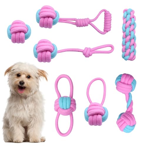 Rongrongago 7 Pezzi Giochi per Cani, Corda per Cani, Gioco per a Cuccioli, Taglia Media (Rosa)