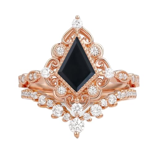 1ct 1.5ct 2ct Black Onyx Wedding Ring Set for Women - Kite Cut Black Onyx Bridal Sets Wedding Rings White Yellow Rose 10K 14K 18K Gold Sterling Silver Gem Art Deco Anniversary Promise Ring Set4
