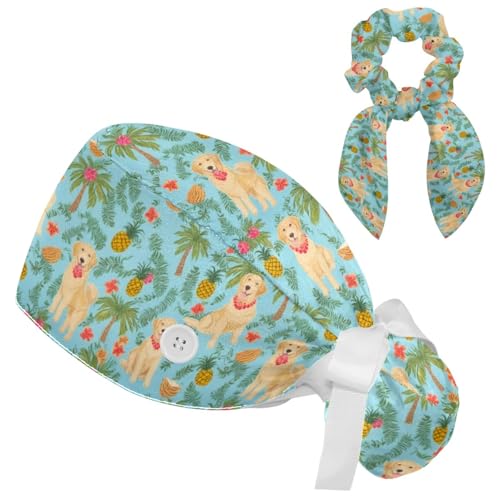 Scrub Caps Women, Surgical Caps with Buttons, Ponytail Nurse Hat, Bouffant Scrub Hats with Hair Scrunchy Adjustable, Dog Golden Retriever Hawaiian Tropical Summer Cartoon Animal Cute Multicolor