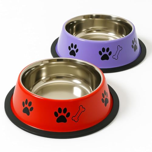 Image of Stainless Steel Paw Bone Printed Bowl for Dogs, Cats & Any Pets - 150ml - 2600ml Non-Skid Rubber Bottom Food /Water Bowl I Non-Toxic & 100% Safe for Pets (900ml)