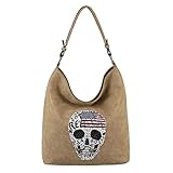 OBC Damen Totenkopf Skulls Tasche Beuteltasche USA Flagge Schultertasche Umhängetache Henkeltasche Hobo-Bag (Taupe 40x32x13 cm)