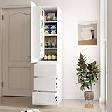 JOYSOURCE Narrow 24'' Deep Kitchen Pantry Storage Cabinet with Doors, Shelves, Drawers Tall Cupboard for Food Glossy White (Left-Hinged)