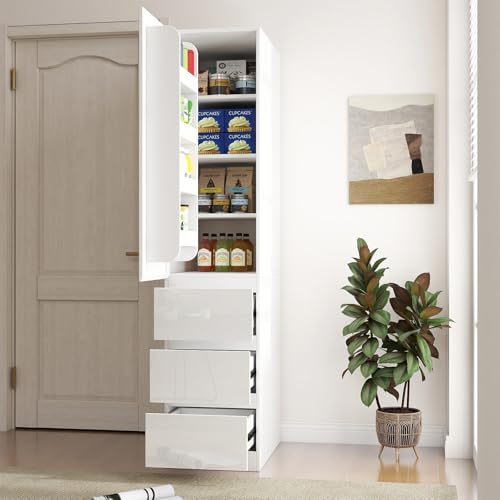 JOYSOURCE Narrow 24 Deep Kitchen Pantry Storage Cabinet with Doors, Shelves, Drawers Tall Cupboard for Food Glossy White (Left-Hinged)