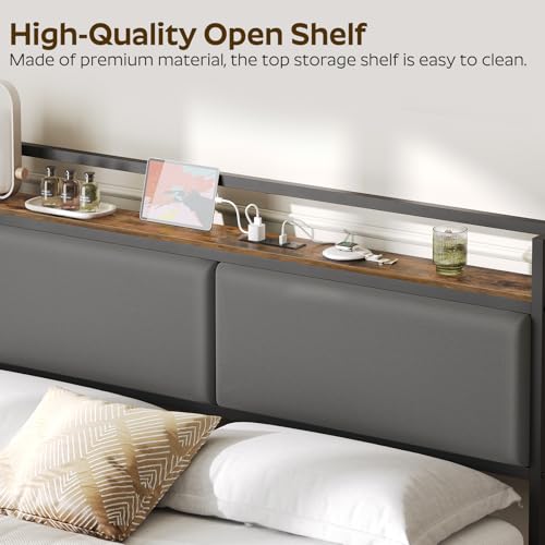 YATINEY Queen Size Headboard, Upholstered Head Board with Charging Station, Headboard with Open Storage, Queen Headboard Only, Vintage Style, Sturdy and Stable, Rustic Brown, Gray and Black by YATINEY - Image 2