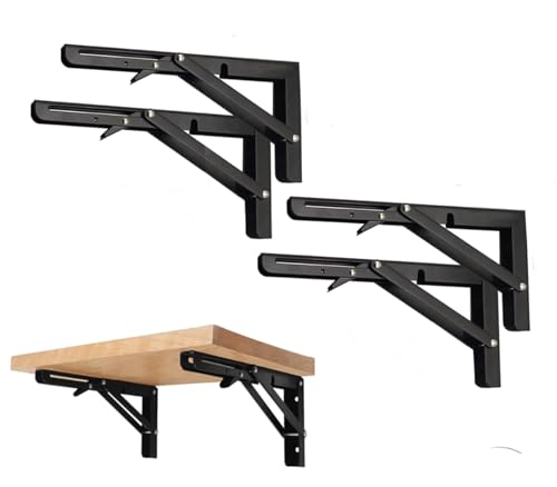 Black Folding Shelf Brackets Max. Load 220 lb, Heavy Duty DIY Wall Mounted Shelf Bracket Space Saving for Table Work Bench (8 INCH-4PCS)