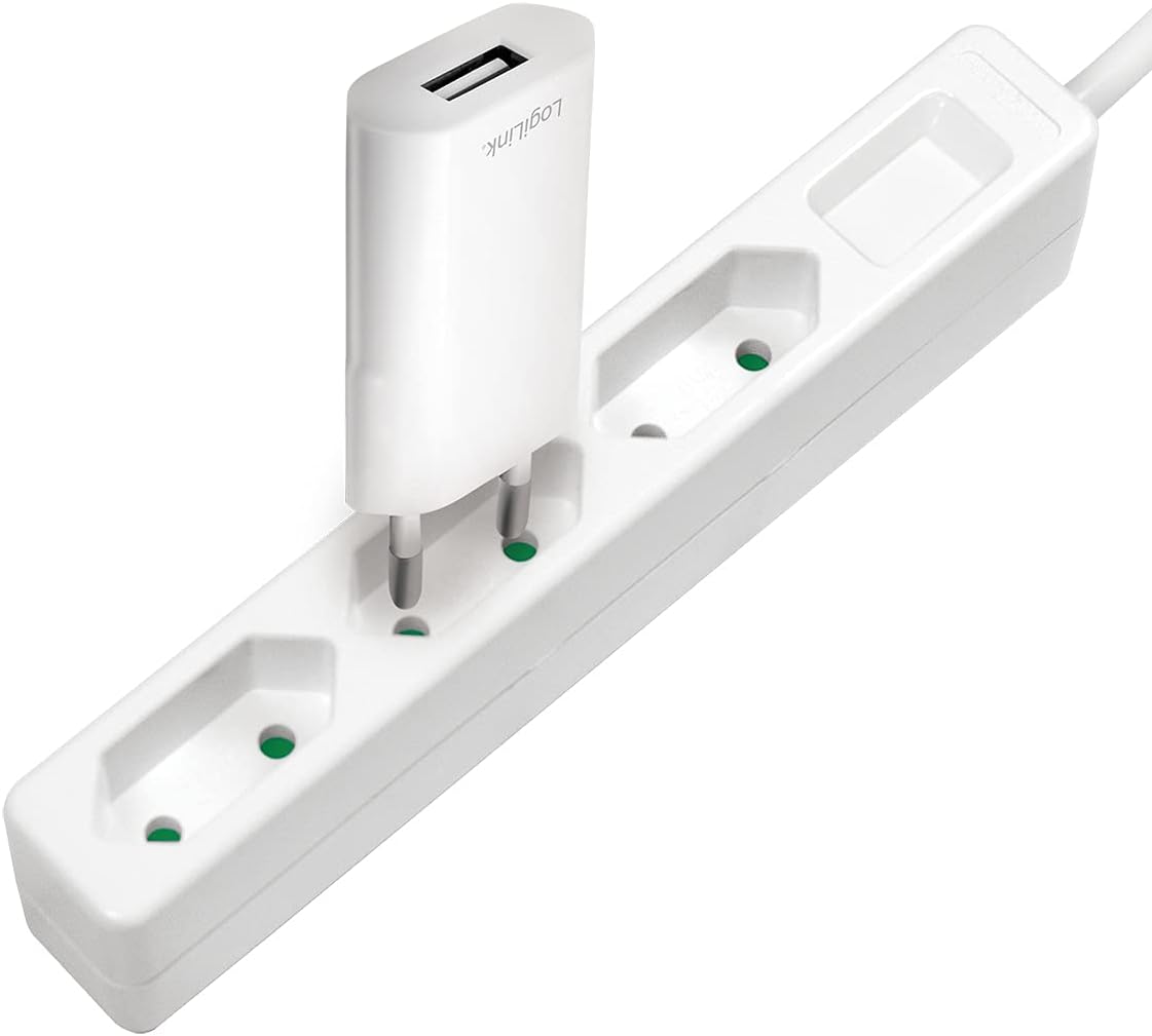 LogiLink LPS229 3-Way Power Strip (European Plug) CEE 7/16, with Child Safety, White