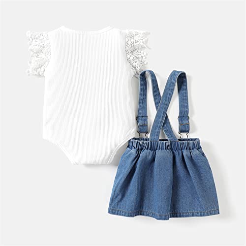 Patpat Baby Girl Flutter Sleeve Romper Skirts Set Baby Girl Summer Outfits Top+Suspender Skirt 0-24 Months Denimblue 6-9 Months #TOP1