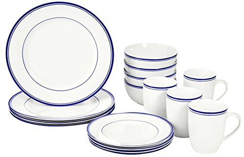 Amazon Basics 16-Piece Cafe Stripe Dinnerware Set, Microwave and Dishwasher Safe, Plates, Bowls, Mugs, Service for 4, Blue