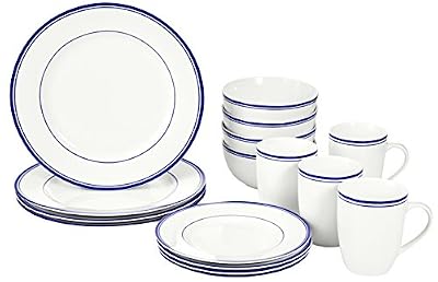 Amazon Basics 16-Piece Cafe Stripe Dinnerware Set, Microwave and Dishwasher Safe, Plates, Bowls, Mugs, Service for 4, Blue