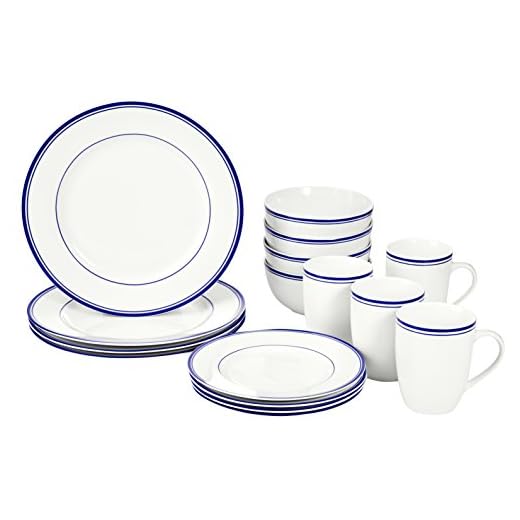 Amazon Basics 16-Piece Cafe Stripe Kitchen Dinnerware Set, Plates, Bowls, Mugs, Service for 4, Blue