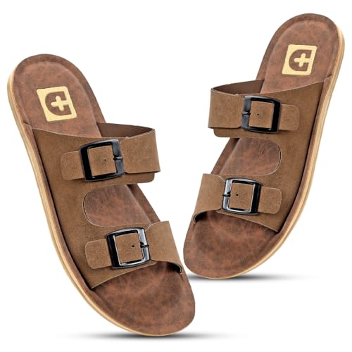 Image of Men Comfortable Double Strap Slippers with Cushioned Footbed, Adjustable Buckle Design, Lightweight Everyday Wear Slippers for Indoor Outdoor Use