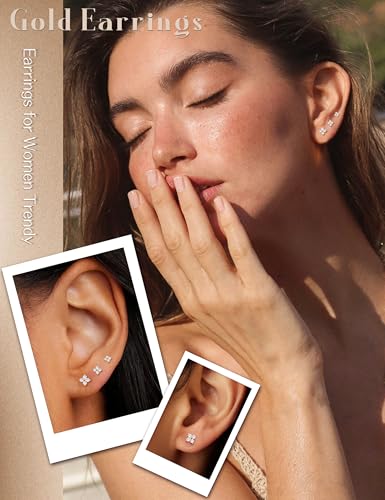 14K Gold Stud Earrings For Women Hypoallergenic - 925 Sterling Silver Small Earrings Stacks For Sensitive Ears Trendy Dainty Cute Cubic Zirconia Heart Flower Cartilage Tragus Earring Sets For Multiple Piercing Jewelry 3Pairs3