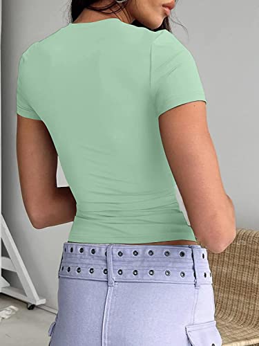 Dwnval Women Sexy Basic T Shirts Tops Summer Short Sleeve Crewneck Slim Fit Cute Crop Top Blouses(Mint Green, S) #TOP1