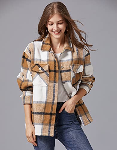 Liengoron Womens Shacket Jacket Plaid Wool Blend Oversized Button Down Shacket Jacket With Pocketed Shirts Coat（Khaki-M） #TOP3