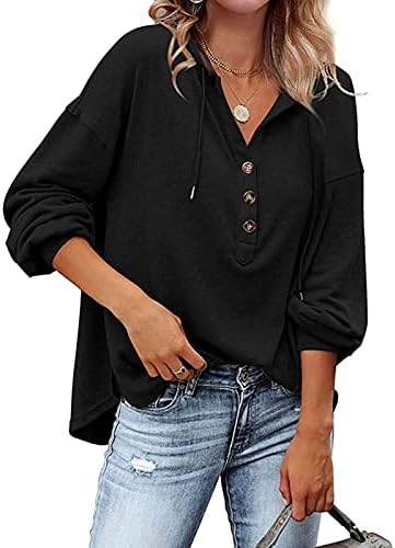 ASHER FASHION Womens V Neck Long Sleeve Henley Shirts Button Down Sweatshirts Hoodies Tunic Tops with Drawstring