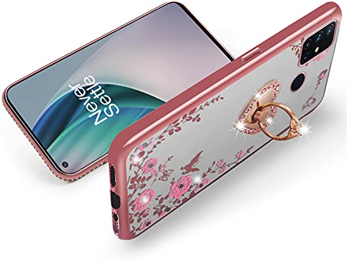 For Oneplus Nord N10 5G Case For Women, Glitter Crystal Butterfly Heart Floral Slim Tpu Luxury Bling Cute Girls Protective Cover With Ring Holder Stand+Strap For Oneplus Nord N10 5G (2020)-Rose Gold #TOP4