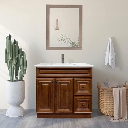 36 inch Shaker vanity base with drawers Maple Walnut
