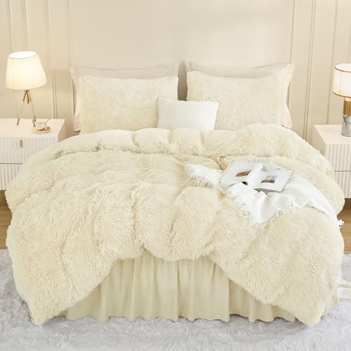 Andency Light Beige Queen Comforter Set, Fluffy Faux Fur Warm Bedding Set