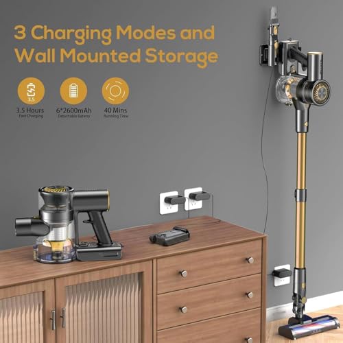Image of MBTTODF Cordless Vacuum Cleaner, Lightweight Stick Vacuum with Rechargeable Battery, Handheld Conversion, LED Headlights, for Hardwood Floor Carpet Pet Hair Stairs Car(Golden)