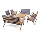 Christopher Knight Home 312623 Avril Outdoor 8 Seater Acacia Wood Chat Set with Coffee Table, Teak Finish, Dark Gray