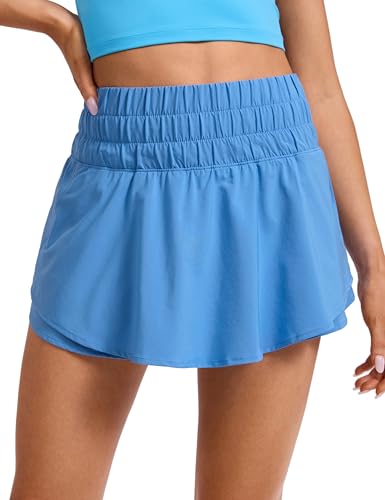 CRZ YOGA Ruffle Skirt Overlay Athletic Shorts for Women - High Waisted Flowy for Workout Running Tennis with Zip Pocket Party Blue Medium