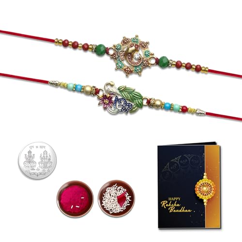 Image of Oblivion Peacock and Floral Design Rakhi Pair for Brother with Silver Colour Pooja Coin, Tilak Set and Greeting Card for Raksha Bandhan