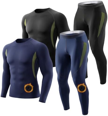 Orrfreer 2er Pack Thermounterwäsche Herren Thermo Unterwäsche Winter Innenfleece Skiunterwäsche Set Atmungsaktiv Funktionsunterwäsche Warme Thermowäsche für Skifahren Laufen Fußbal