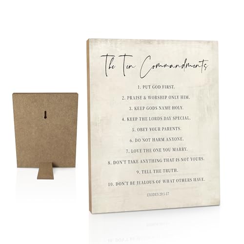 seersillus 10 Commandments Christian Wall Art Bible Verses Wooden Decor, Stand for Desk Shelf Tabletop or Wall Hanging- 8×10inches