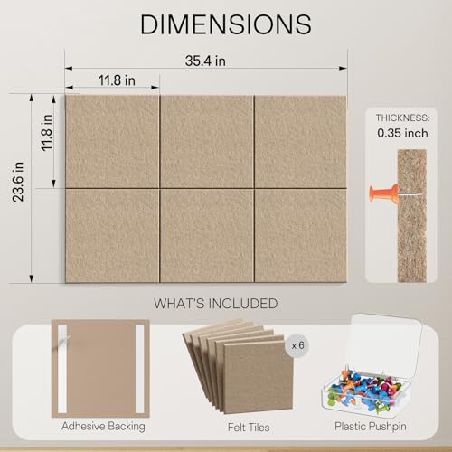 Image of MaxGear Felt Bulletin Board 36 inch x 24 inch, Tan Felt Wall Tiles Push Pins