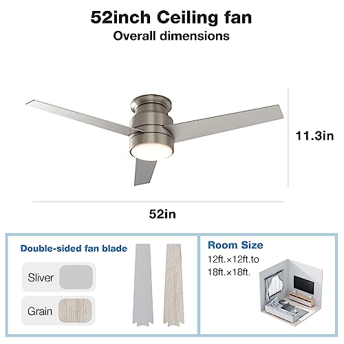Flush Mount Ceiling Fan with Lights Remote Control, 52Inch, Brushed Nickel, 3