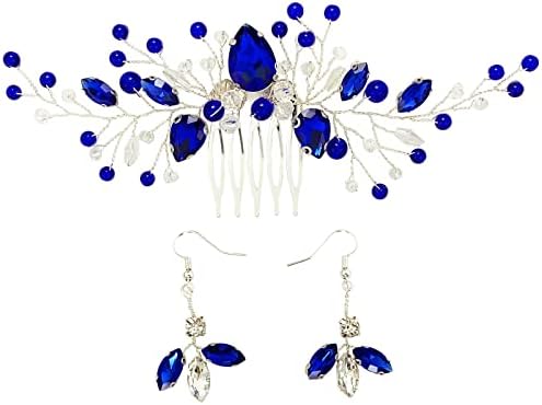 Bridal Crystal Hair Comb and Earrings Set Elegant Bride Wedding Hair Piece Accessories for Women Prom Party Photography (Royal Blue)