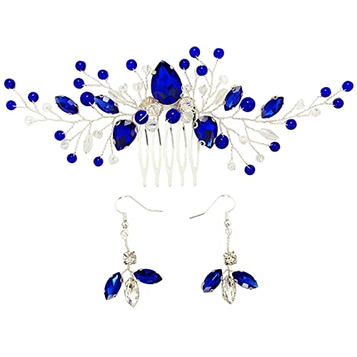 Bridal Crystal Hair Comb And Earrings Set Elegant Bride Wedding Hair Piece Accessories For Women Prom Party Photography (Royal Blue) #TOP2