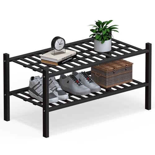 Haddockway Large 2 Tier Bamboo Shoe Rack Storage Organizer, Multifunctional Free Standing Stackable Shoe Shelf with Grid Panel for Closet,Hallway,Entryway,Small Space 27