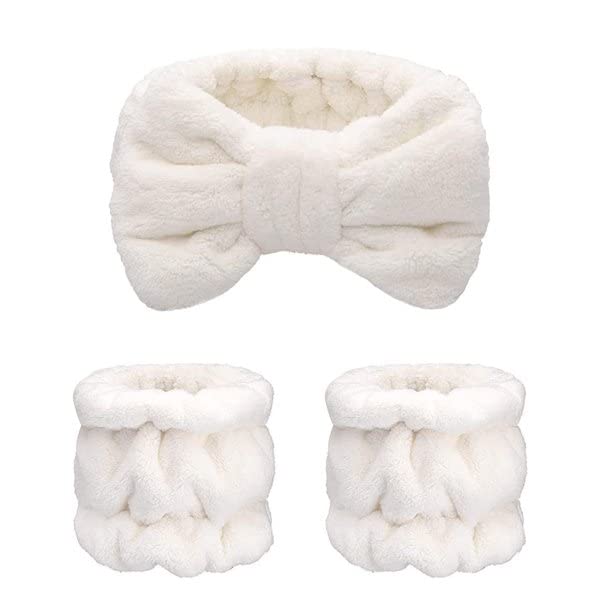 FRENYEAR 3 Pieces Spa Headband Wrist Washband Scrunchies Cuffs for Washing Face | Towel Wristbands Hair Headband Face Wash Wristband for Women Girls - White 1