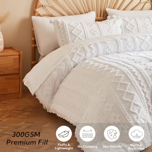 Image of MR&HM Full Size Bed Sheets and Comforter Set White, 7 Pieces Tufted Boho Beddding Sets, Farmhouse Style Bed in a Bag with 1 Comforter, 2 Pillow Shams, 2 Pillowcases, 1 Flat Sheet, 1 Fitted Sheet