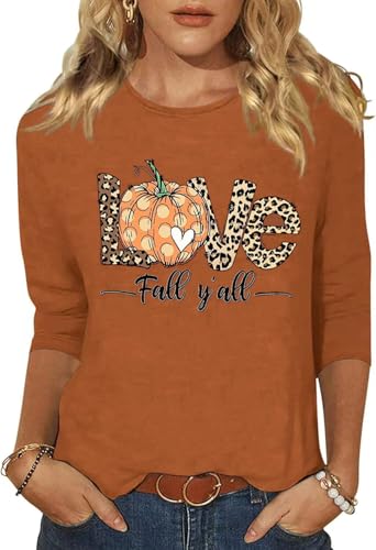 Woffccrd Womens Casual Halloween 3/4 Sleeve Crew Neck Tee Shirts Leopard Pumpkin Shirts Thanksgiving Fall Tops (M,Halloween Brown 3)