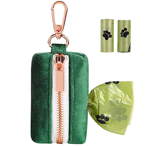 Image of ARING PET Dog Poop Bag Holder, Velvet Doggy Waste Bag Dispenser Attach to Any Leashes, Dark Green Portable Washable Pet Waste Pouch Dispenser with Metal Zipper