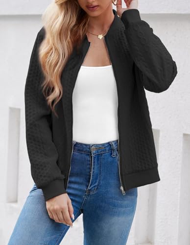 Image of WROLEM Women's Zip Up Cardigan Sweater Cable Hoodies Long Sleeve Jacket Outfits Crewneck Casual Coat Black