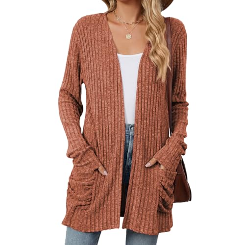 Famulily Draped Waterfall Cardigans for Women, Ribbed Knit Long Sleeve Cardigan Sweater for Autumn Winter Outerwear (S, Orange)
