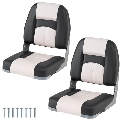 GYMAX 2 Pack Folding Boat Seat, Low Back Captain Chair with High-density Sponge Padded Cushions, Waterproof PVC Leather Ergonomic Fishing Boat Seat (Dark Gray+White)