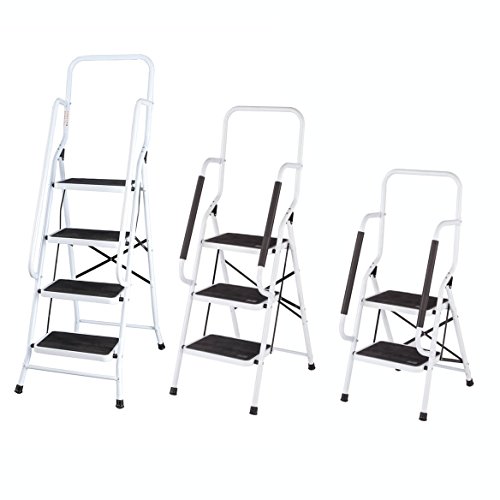 Livingsure Folding 4-Step Safety Ladder – Padded Side Handrails – Kitchen And Household Use – White #TOP4
