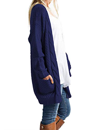 Traleubie Women's Boho Long Sleeve Open Front Chunky Warm Cardigans Pointelle Pullover Sweater Blouses Navy Blue S
