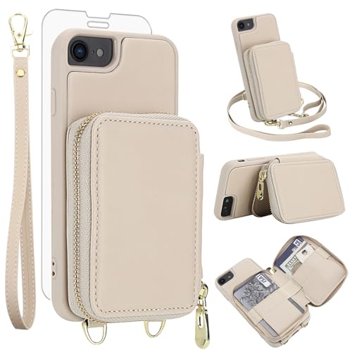 Phone Case for iPhone 6/6s/7/8/SE 2020 2022 Wallet Cell Cover with Screen Protector Crossbody Strap RFID Blocking Card Holder i Six Seven 6a i6 i7 i8 7s 8s SE2020 SE2 2 SE2022 SE3 3 Women Girls Beige