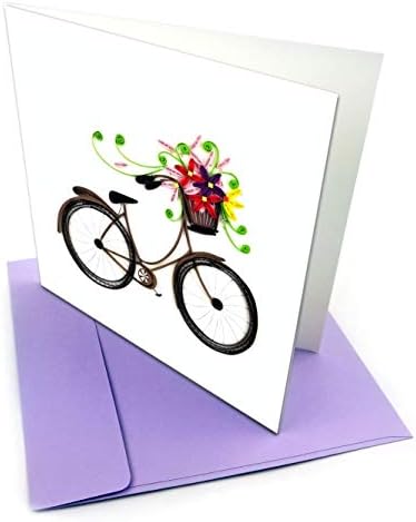 Bicycle with Basket Bouquet Quilling Greeting Card, 6x6" with Envelope. Any Occasion. Blank Inside. Hand-made. Suitable for Framing.