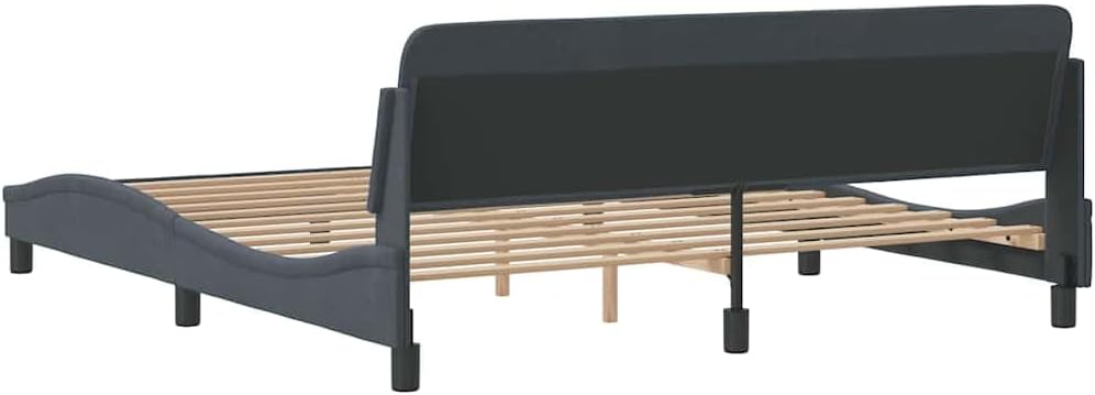 Modern Dark Grey Velvet Bed Frame with Curved Headboard, Sturdy Platform Foundation, Slatted Durable Design, Easy Assembly, Nonslip Mattress Support for Bedroom Storage