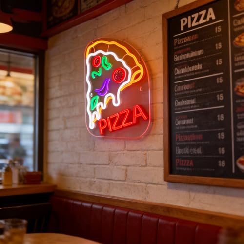 Image of Pizza Neon Sign, Dimmable LED Pizza Wall Light Decor, 17x13 inch