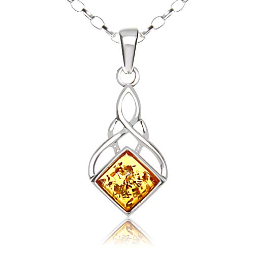 Alexander Castle Solid 925 Sterling Silver & Amber Celtic Pendant Necklace for Women - Celtic Jewellery with 18\" Silver Chain & Jewellery Gift Box - 22mm x 12mm