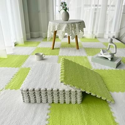 HoKiis 16 Pieces Plush Rugs for Living Room,Puzzle Carpet Tiles,Interlocking Puzzle Floor Mat Tiles,Plush Play Puzzle Mat for Floor,30x30 Cm(Size:0.4 Inch,Color:White+Light Green)