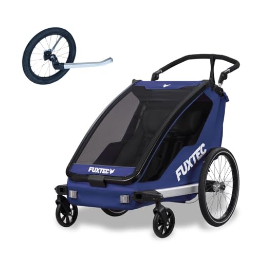 Fuxtec 2in1 Fahrradanhänger Buggy mit Joggerrad FX-FA1-SET-BLAU mit Anhänger für 2 Kinder aus Aluminium - Faltbarer Kinderanhänger mit Regen- und Sonneschutz