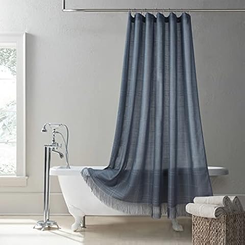 BESTRIPES Grey Farmhouse Shower Curtain Boho Handcrafted Tassel Fabric Shower Curtain for Bathroom Solid Checkered Woven Semi-Sheer Bath Curtains, Waterproof, Heavy Weighted, 72" W x 72" H Cover